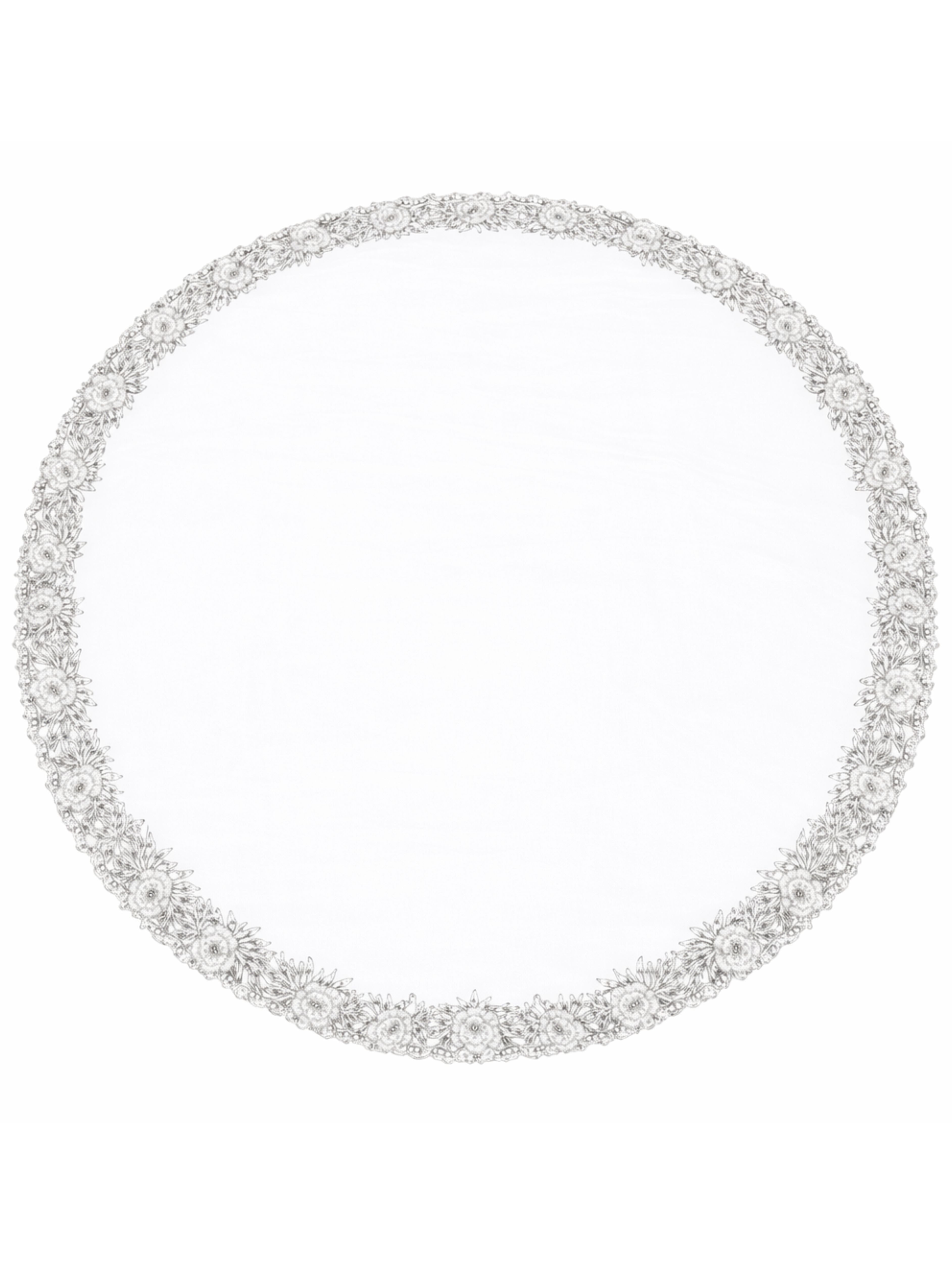 Ronde bruidssluier van tule in gebroken wit met bloemen, steentjes en parels, diameter 1 meter.