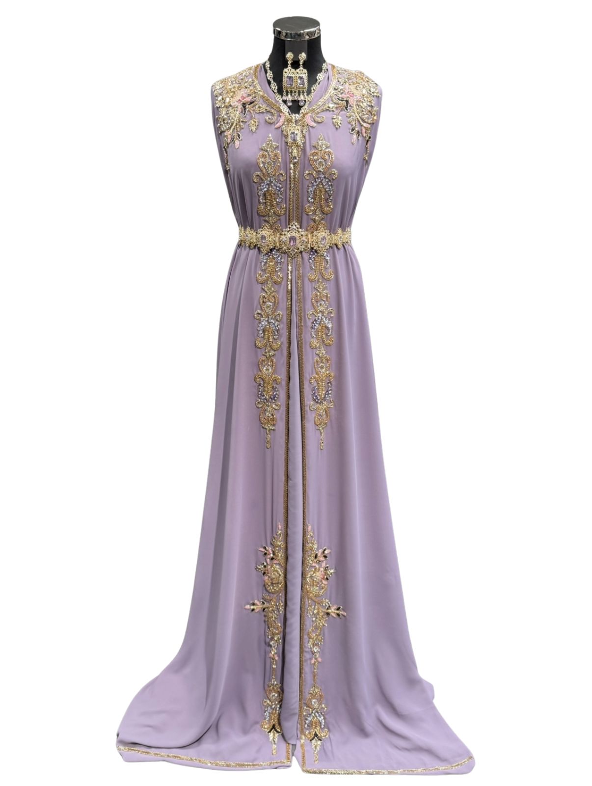 Paars caftan stof met gouden bewerking en bijpassende onderstof