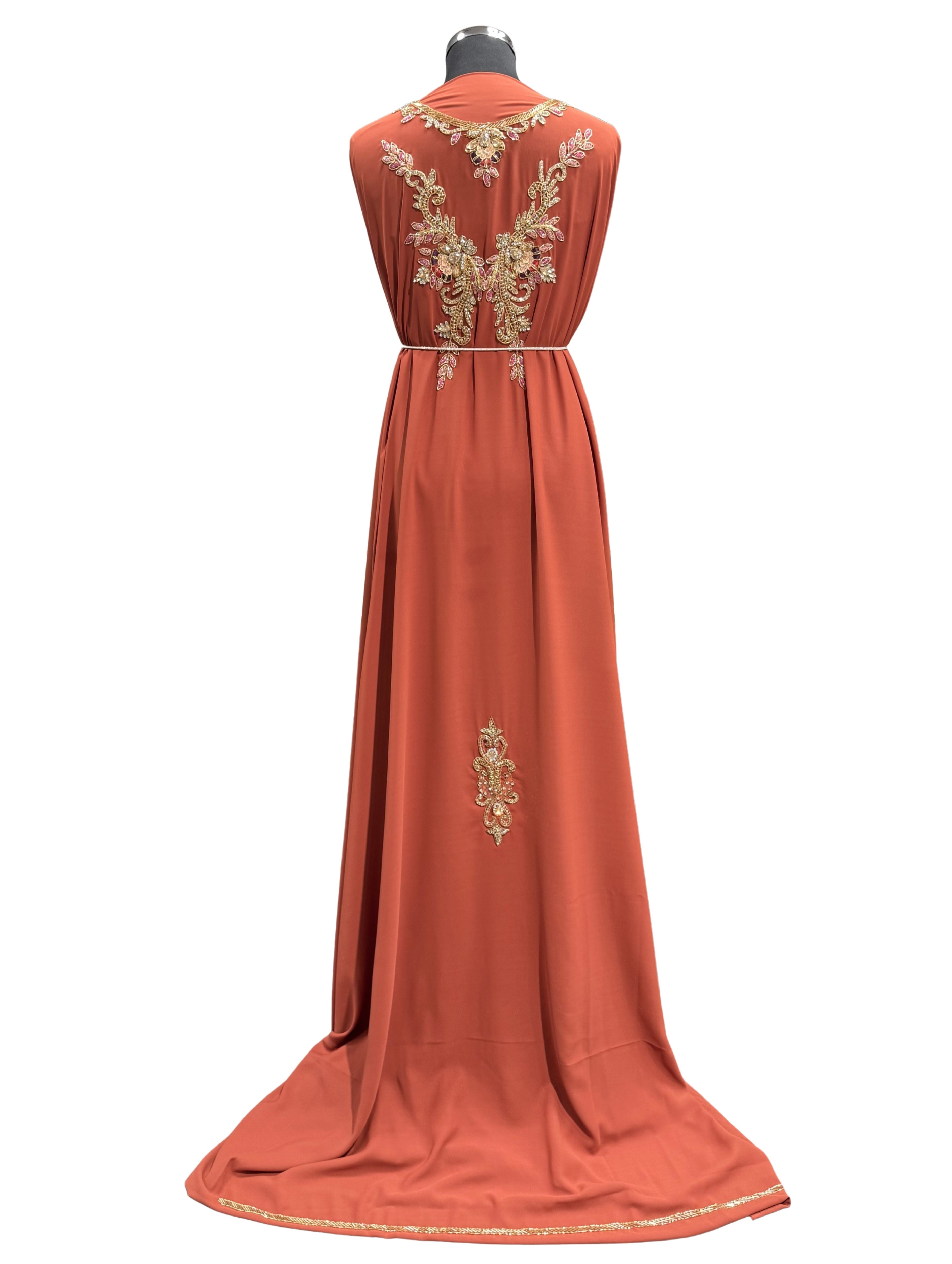 Achterkant van terra caftan stof in crepe kwaliteit, inclusief onderstof voor een luxe en egale afwerking.