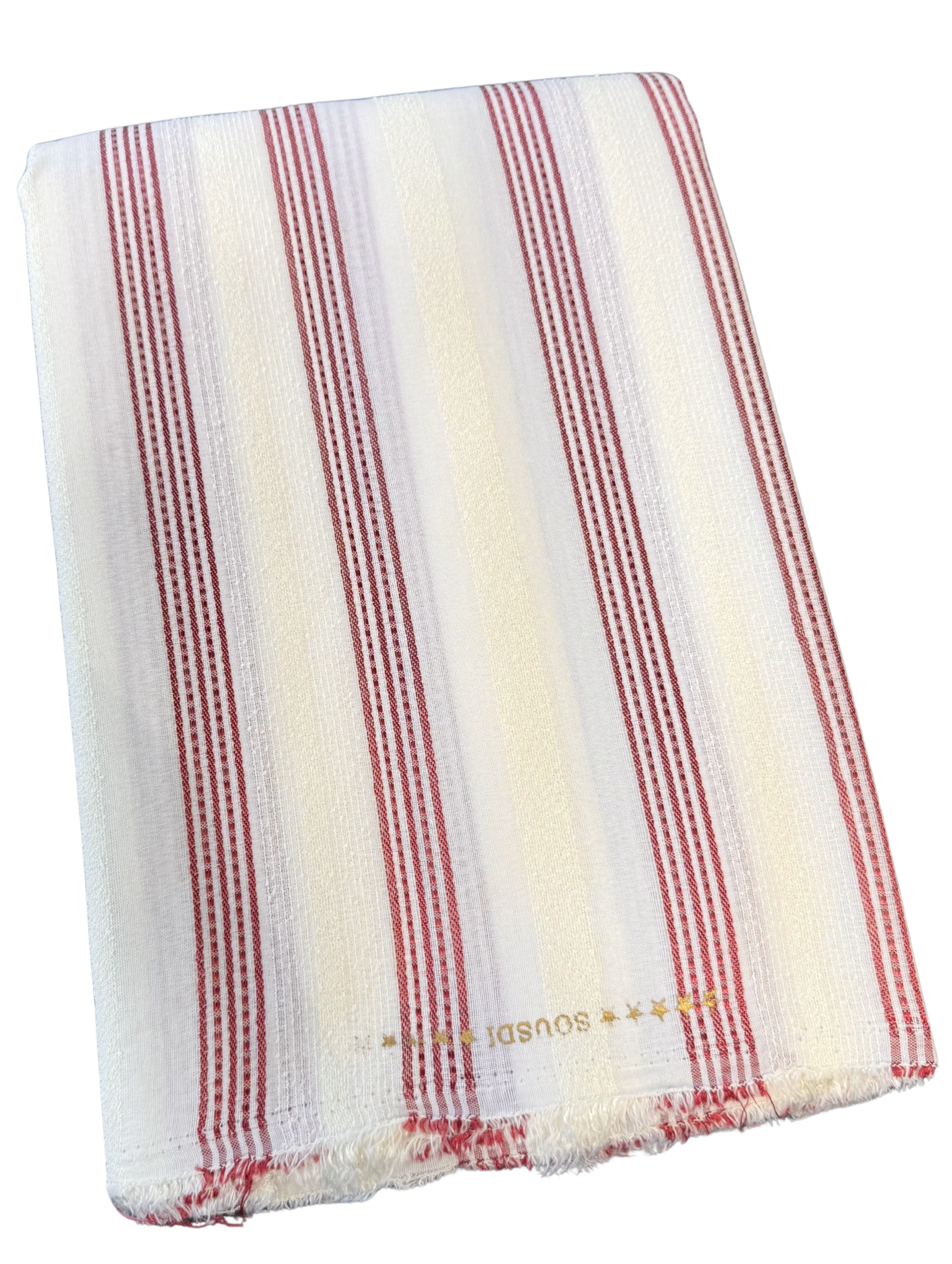 Sousdi stof crème met bordeaux strepen voor een Marokkaanse heren djellaba.