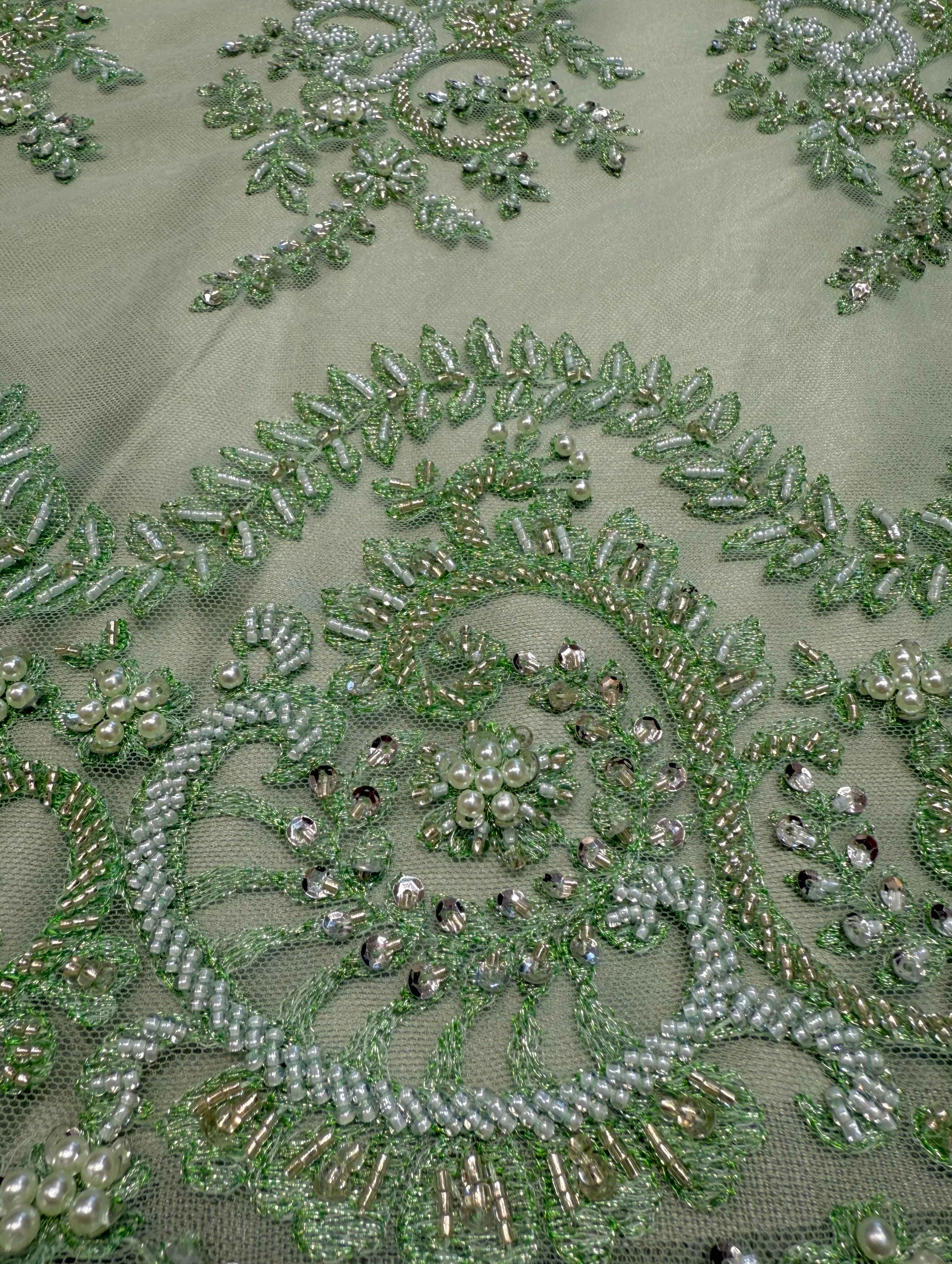 Mintgroene kant stof met parels, geschikt voor avondjurken, takshita, dirac en xeftan