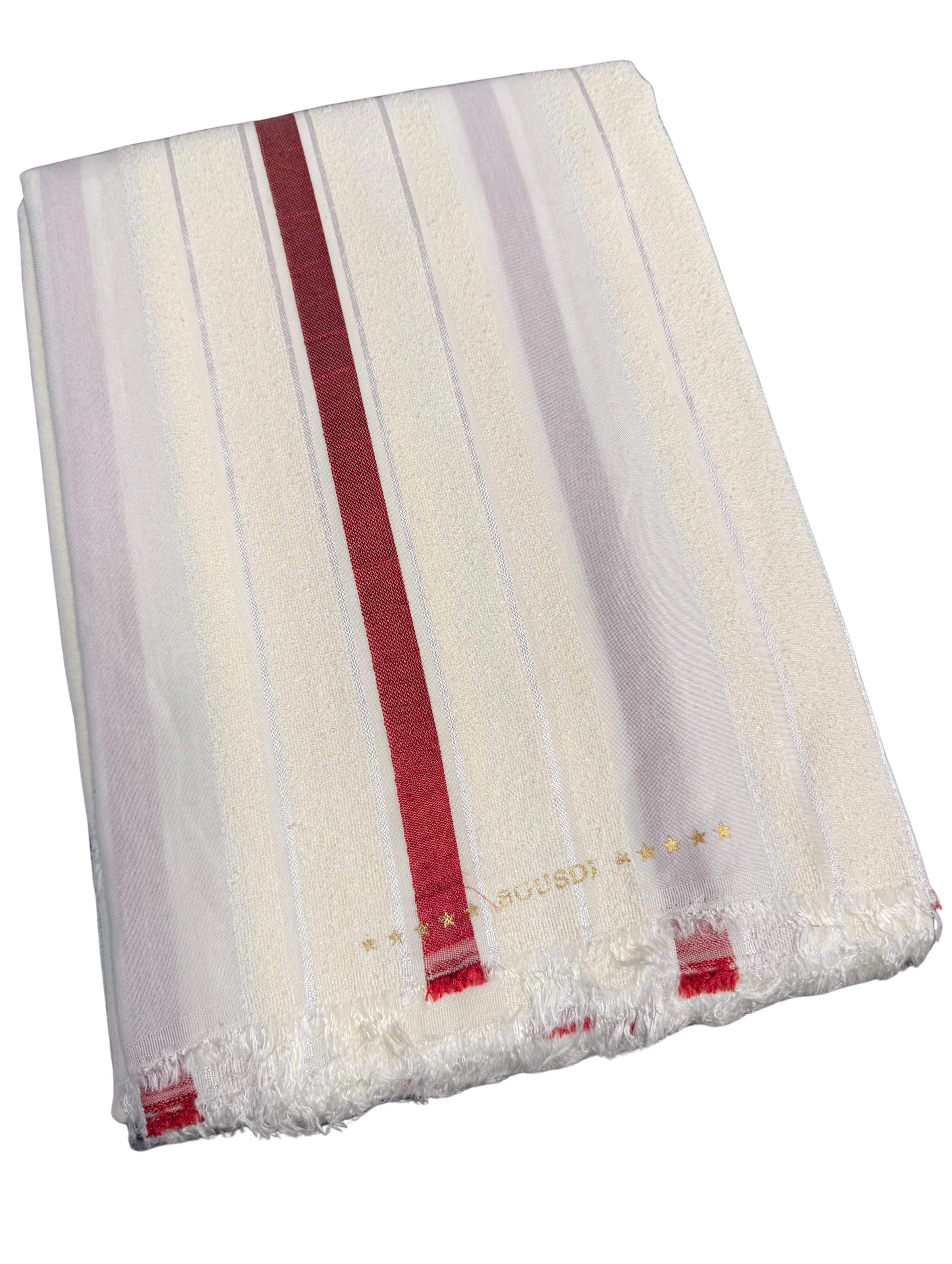 Sousdi stof in crème met donker rood, geschikt voor het maken van een stijlvolle heren djellaba.