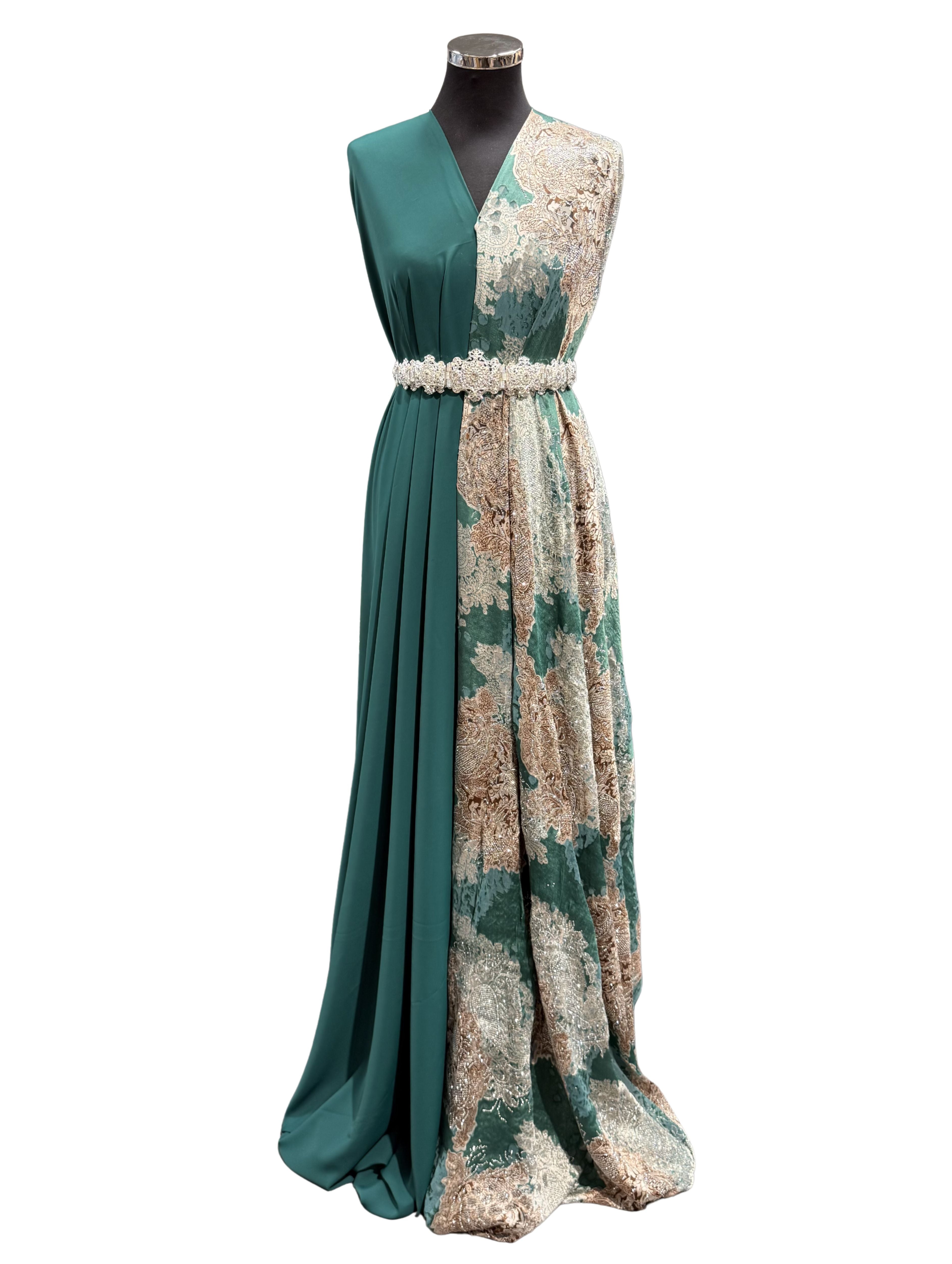 Luxe velvet tlija stof in petrol groen met zilverkleurige steentjes en grijze accenten voor takshita en caftan.