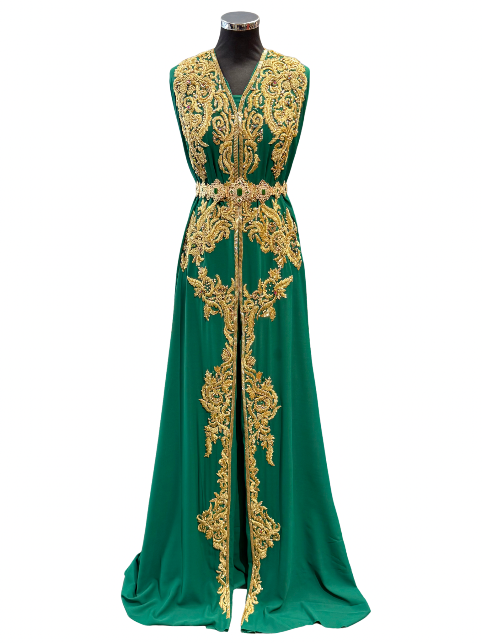 Donkergroene crêpe takshita stof met goud borduurwerk en gekleurde steentjes voorkant