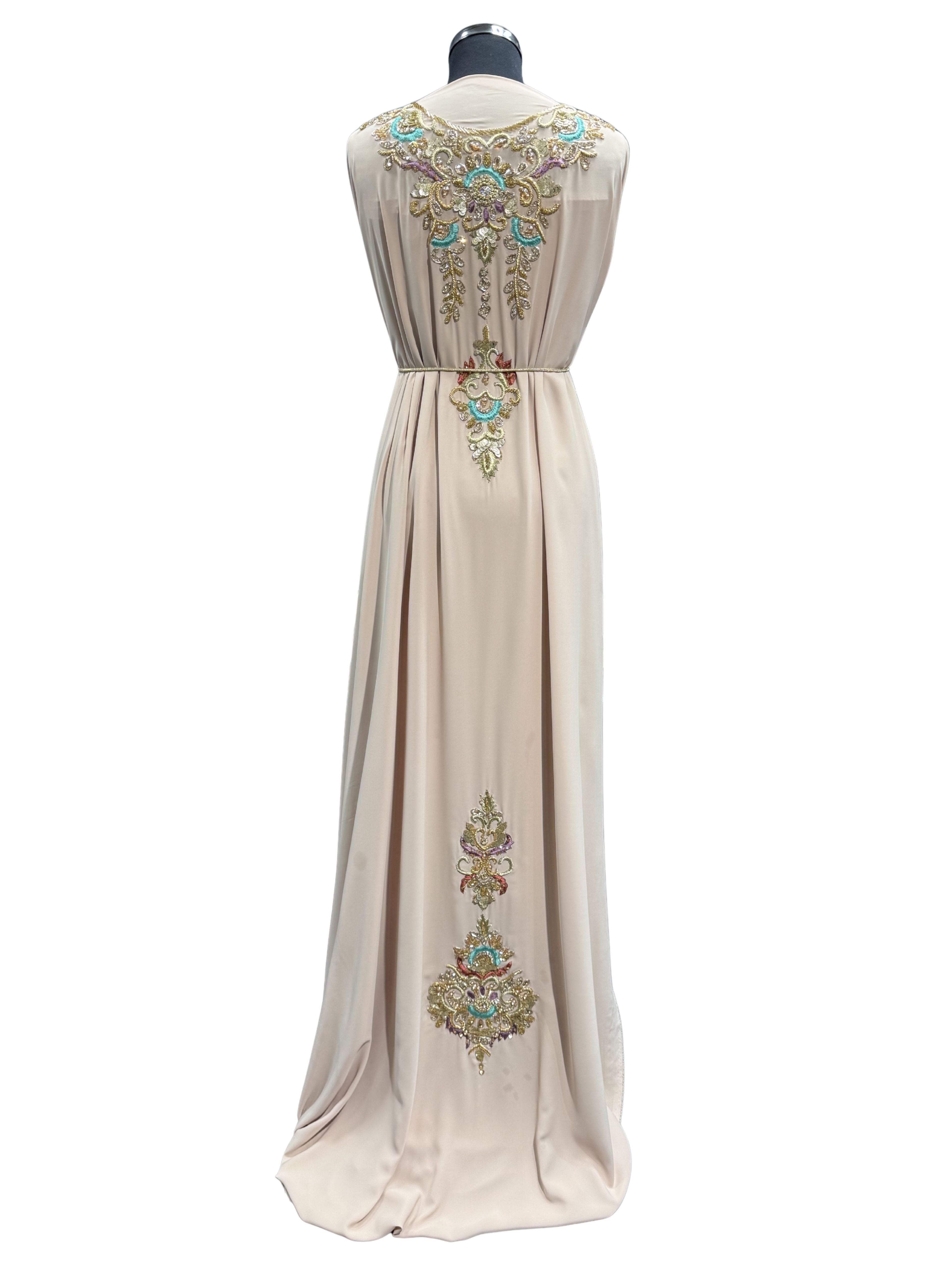 Warm beige crêpe takshita stof achterkant zonder bewerking