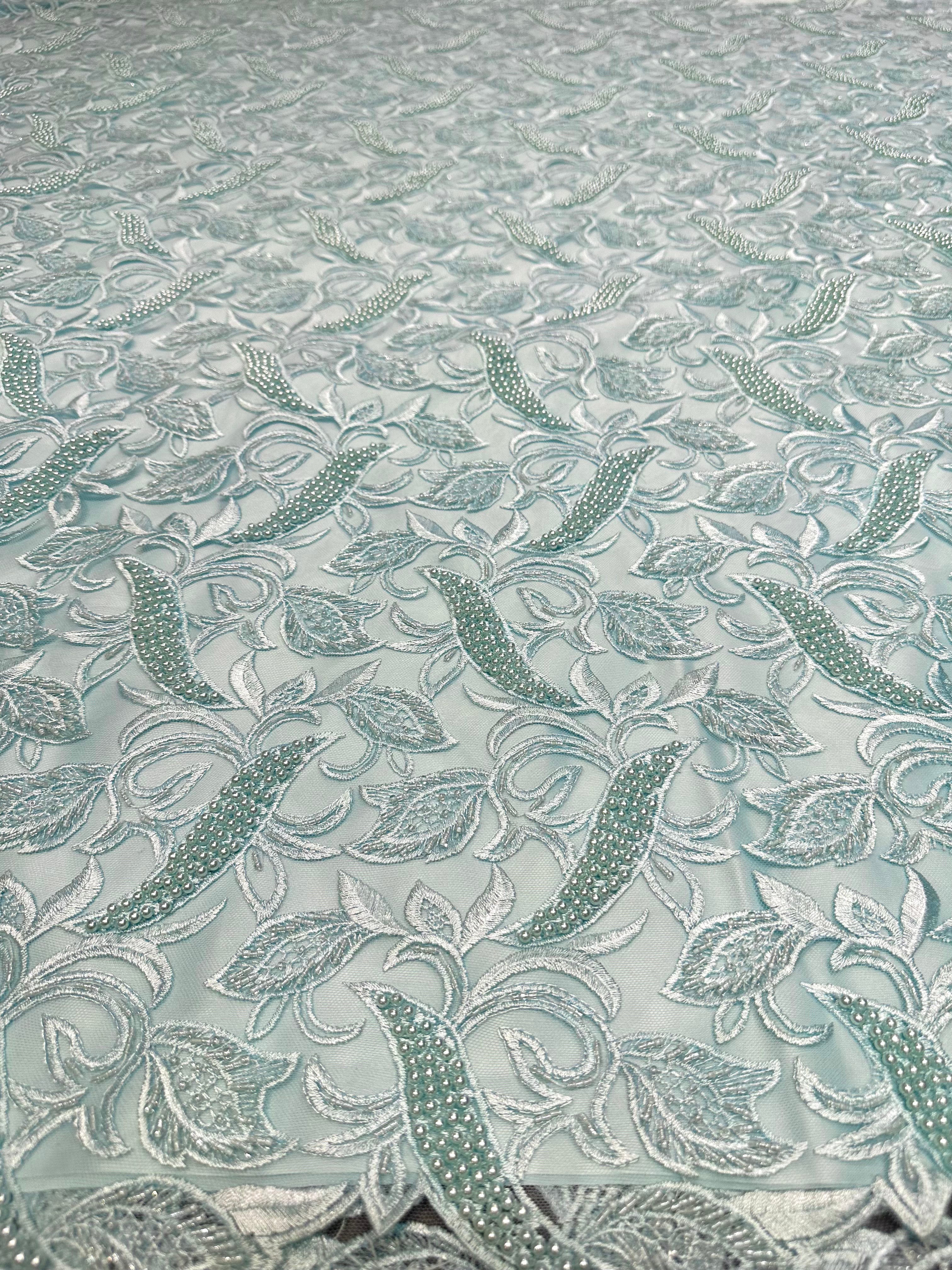 Blauwgroene kant stof met verfijnde parels, perfect voor avondjurk, takshita, dirac en xeftan