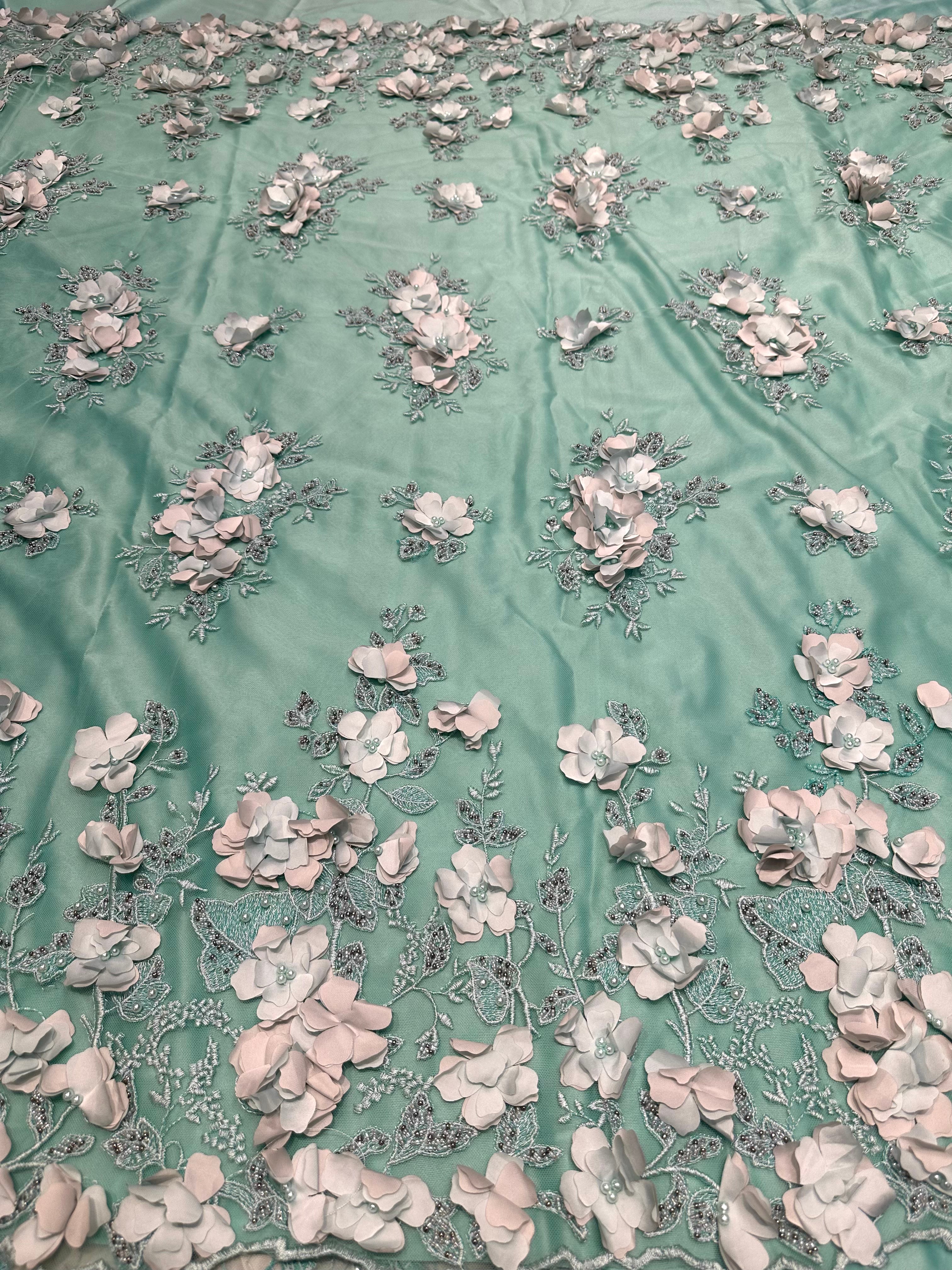 Groene kant stof met 3D bloemen, perfect voor avondjurk, takshita, dirac en xeftan