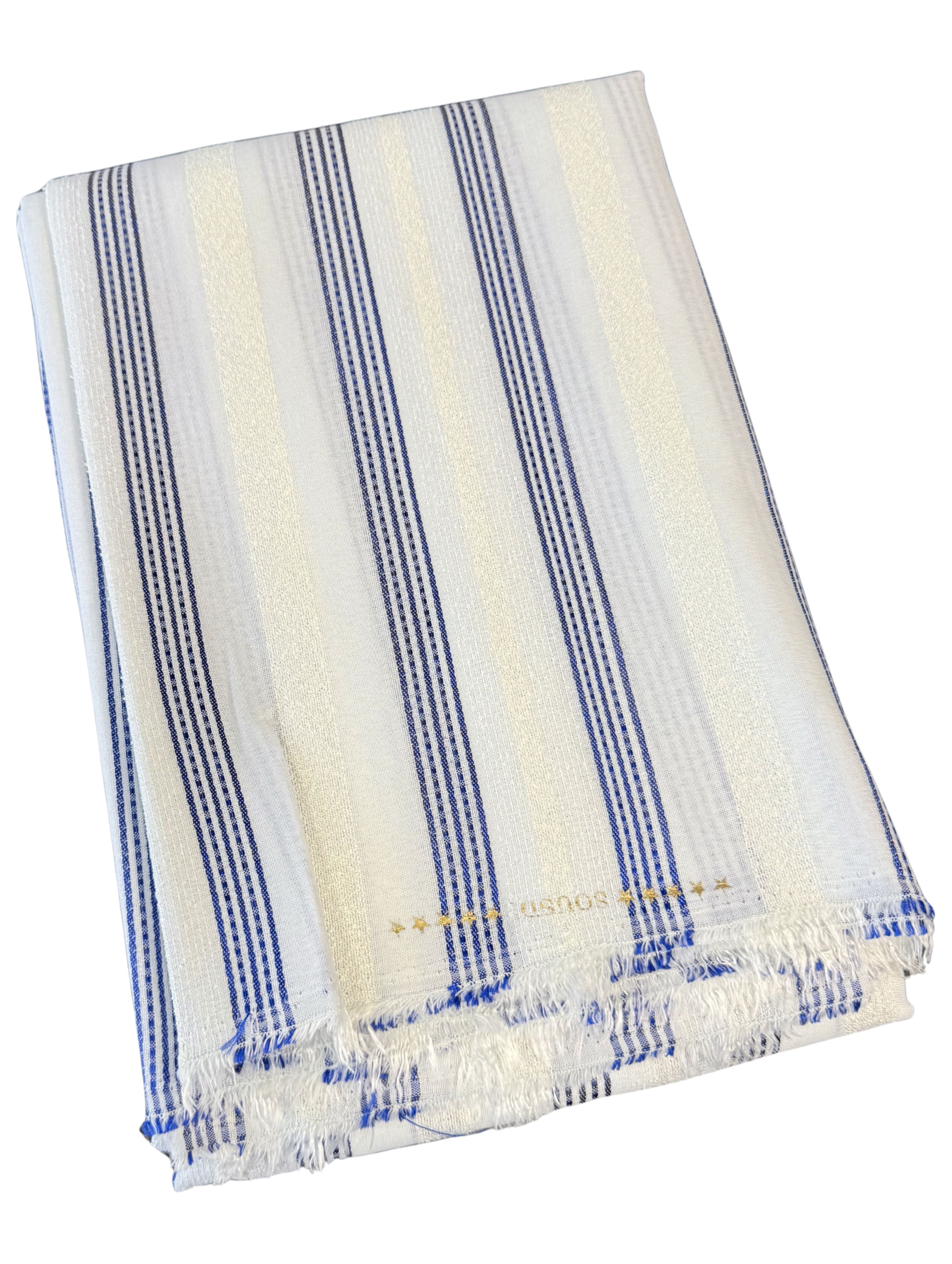 Sousdi stof crème met kobaltblauwe details voor een Marokkaanse heren djellaba.