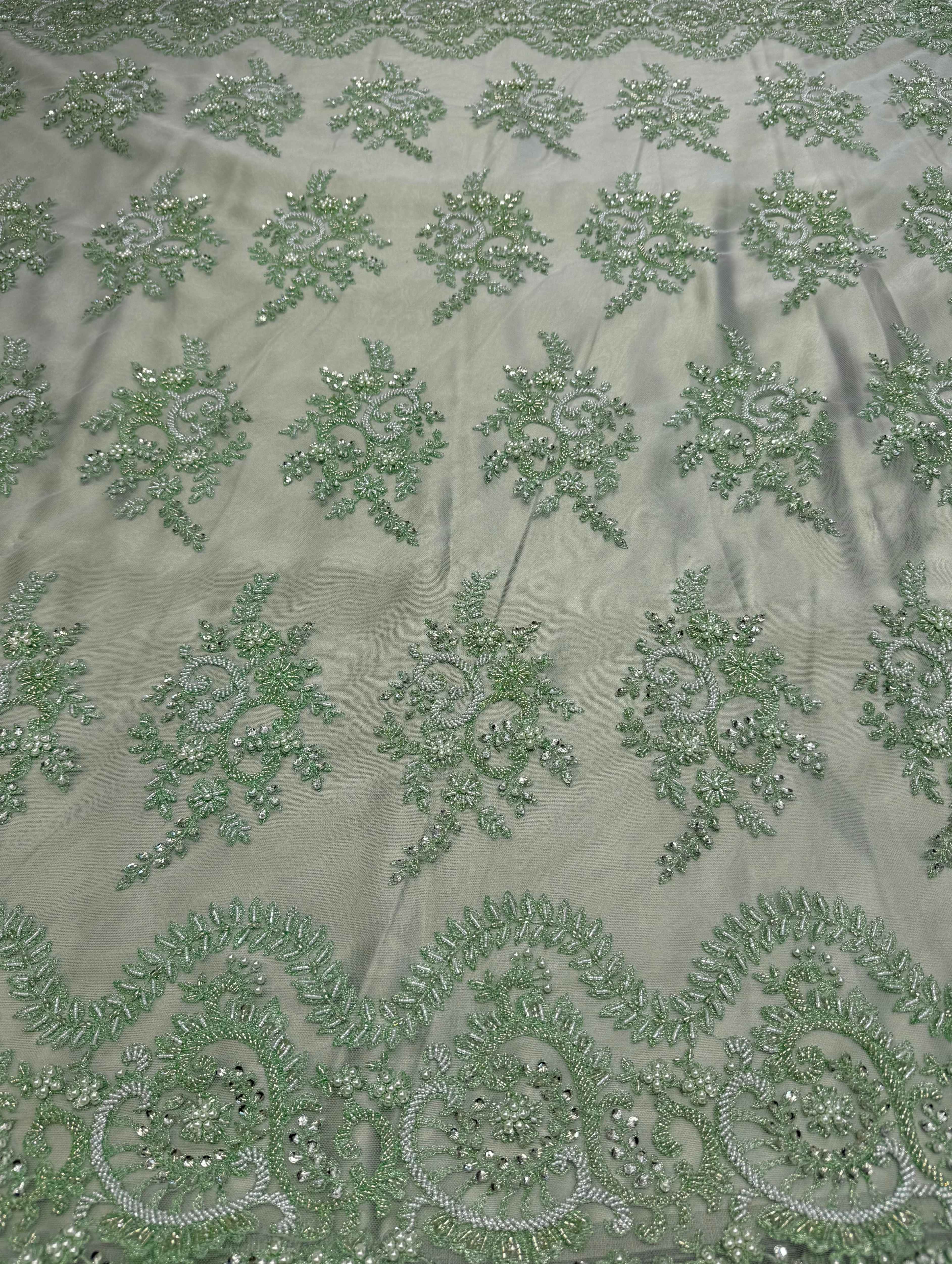 Mintgroene kant stof met parels, geschikt voor avondjurken, takshita, dirac en xeftan