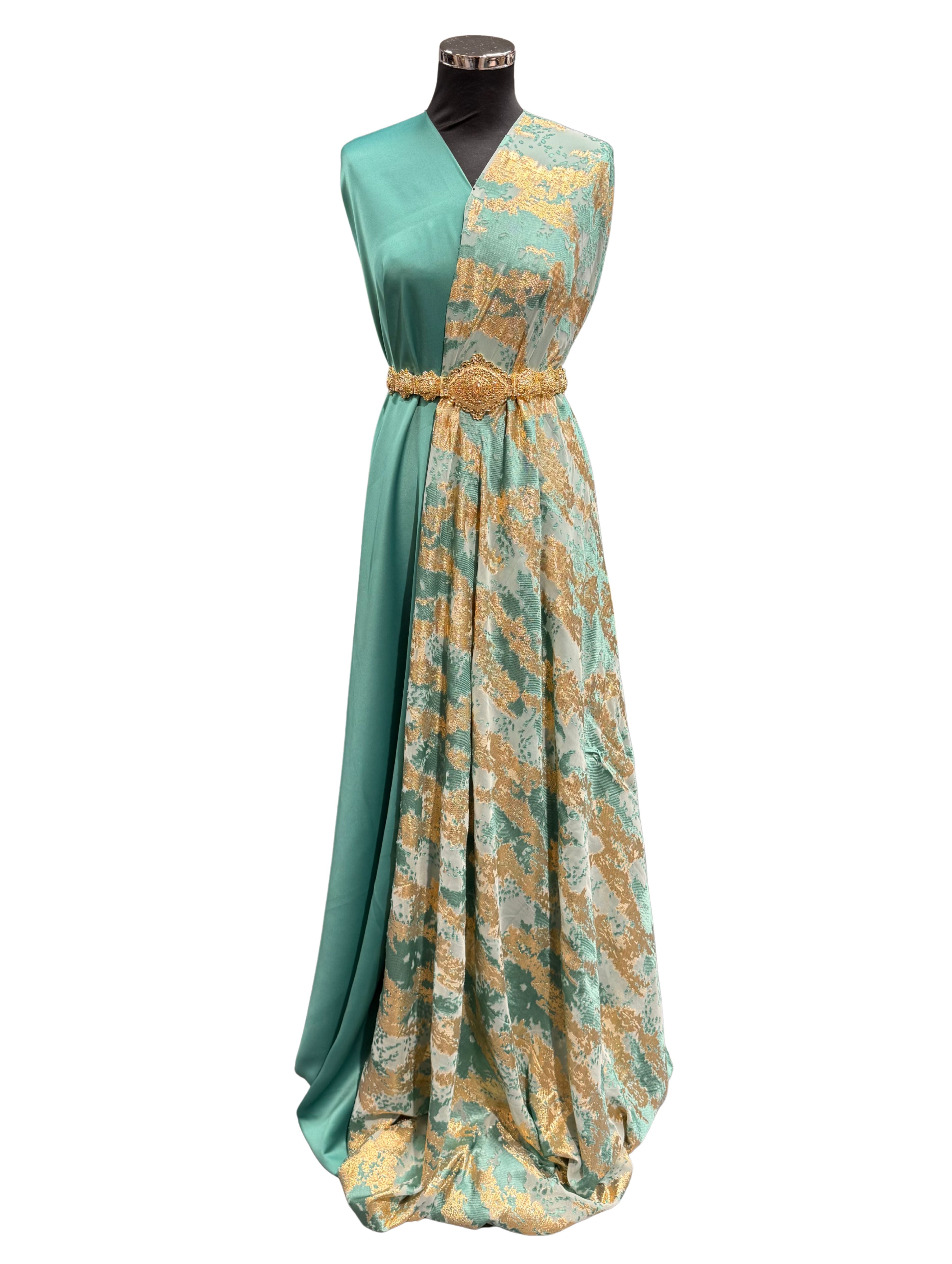 Turquoise tlija stof van hoogwaardige kwaliteit, geschikt voor takshita, dirac en andere traditionele kleding.