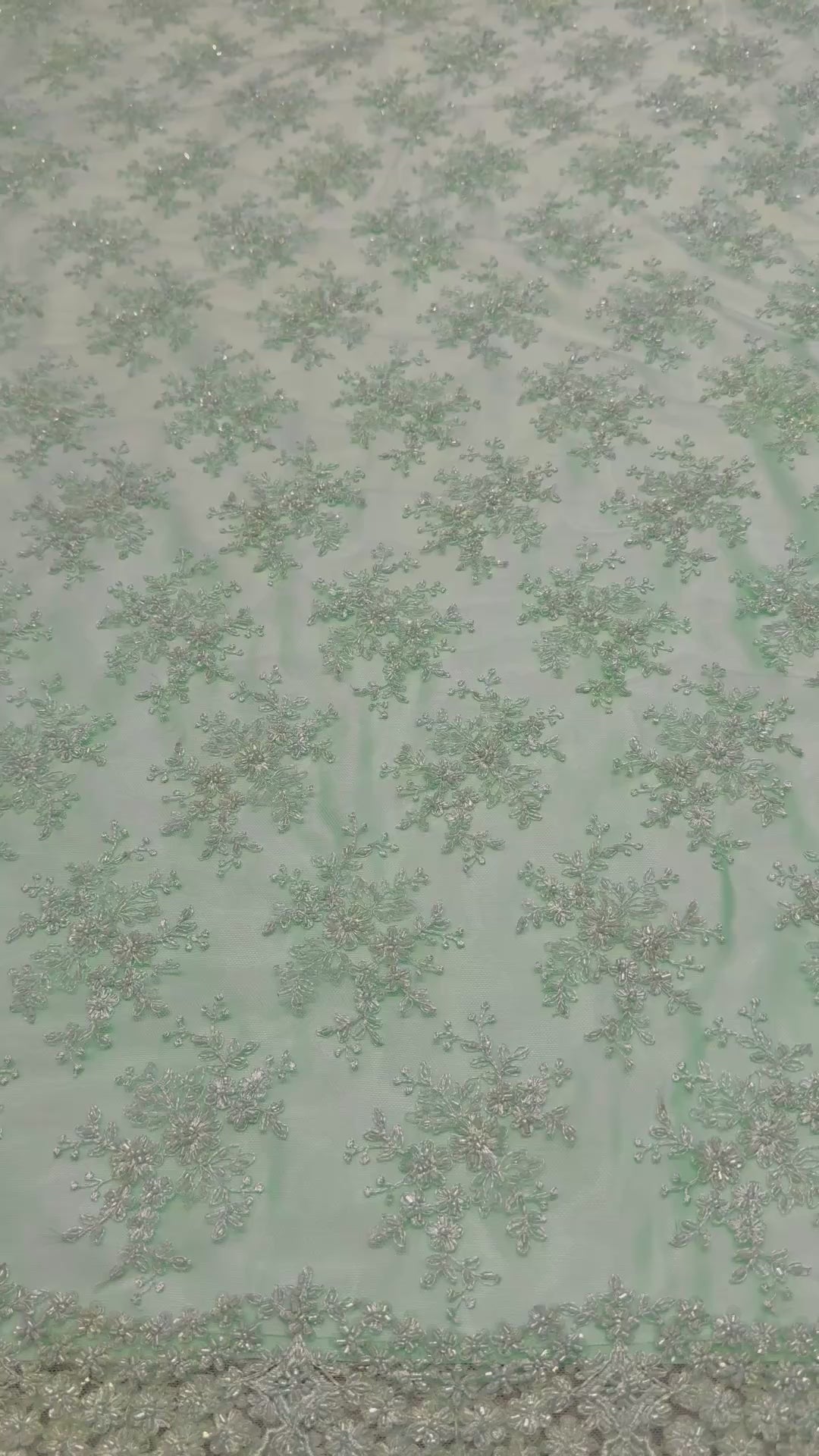 Mintgroene kant stof met elegante kantstructuur, geschikt voor avondjurken, takshita, dirac en xeftan