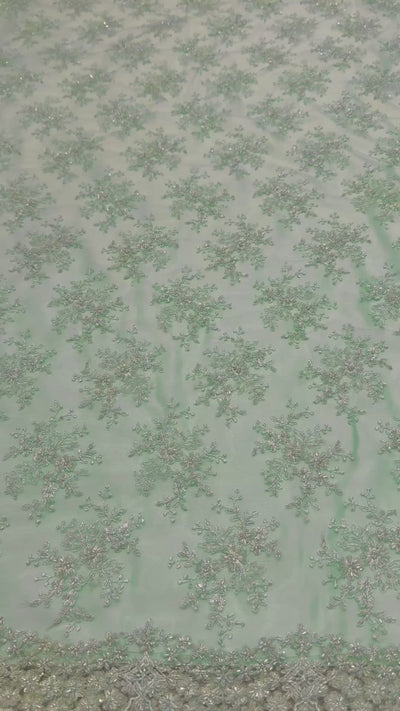 Mintgroene kant stof met elegante kantstructuur, geschikt voor avondjurken, takshita, dirac en xeftan