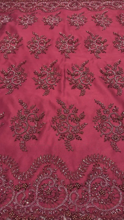 Video van bordeaux kant stof met fijne parels en kralen, geschikt voor avondjurk, takshita, dirac en xeftan