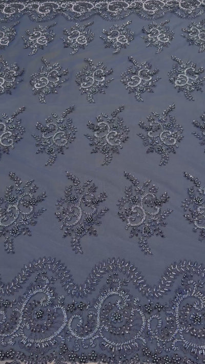 Video van donkerblauwe kant stof met fijne parels en kralen, geschikt voor avondjurk, takshita, dirac en xeftan