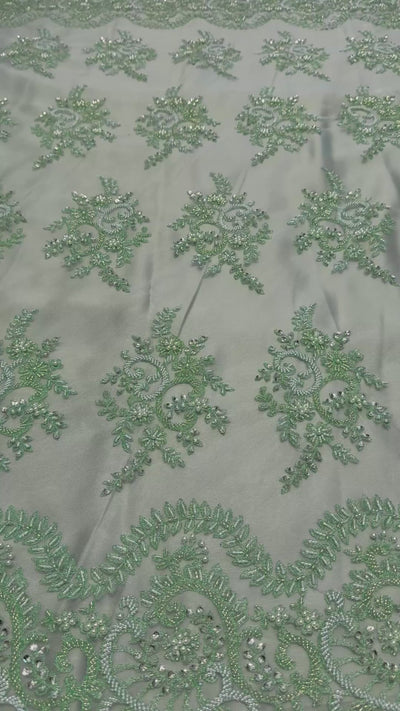 Mintgroene kant stof met parels, geschikt voor avondjurken, takshita, dirac en xeftan