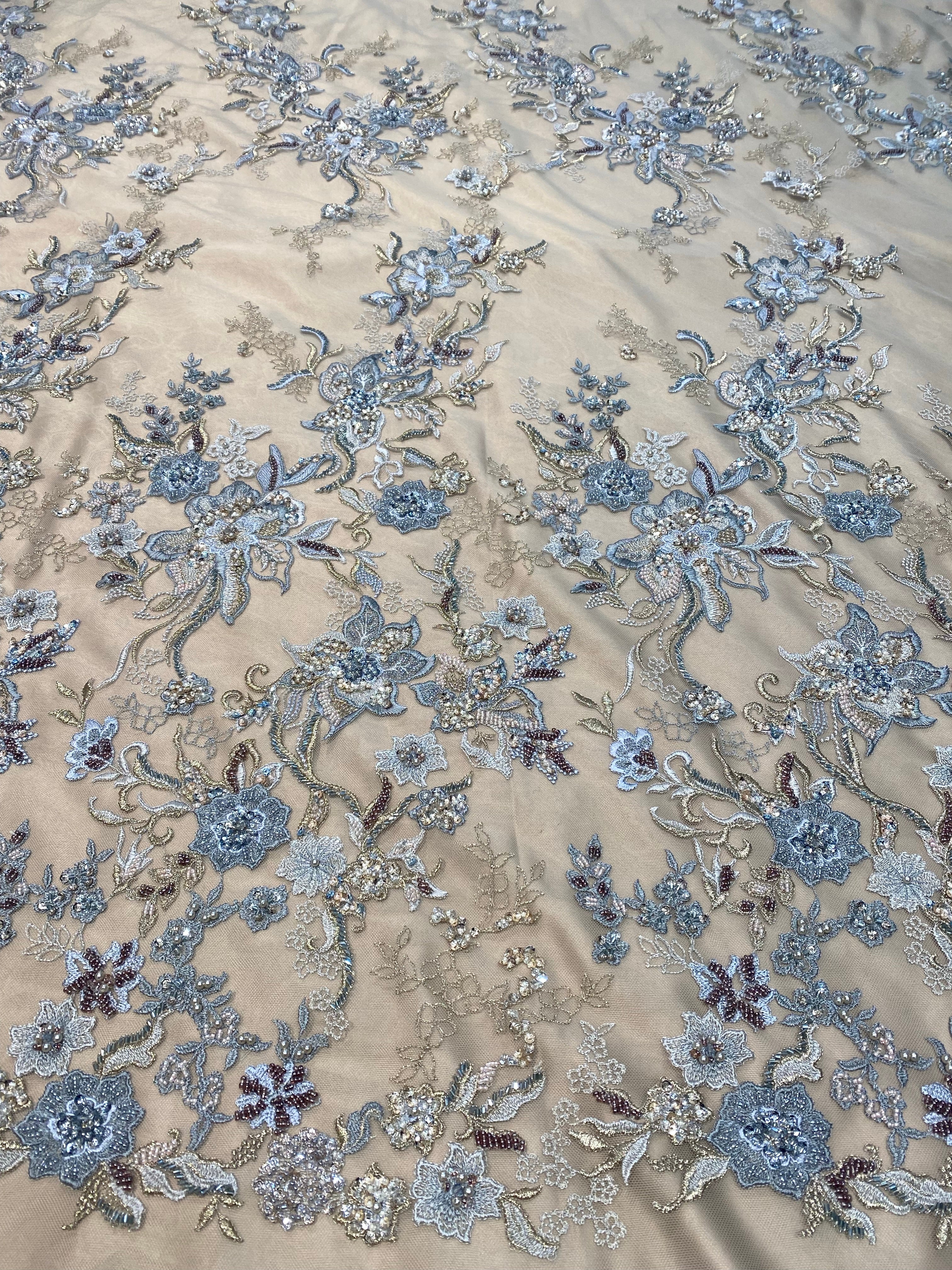 Donker beige kant stof met geborduurde bloemen, perfect voor avondjurk, takshita, dirac en xeftan